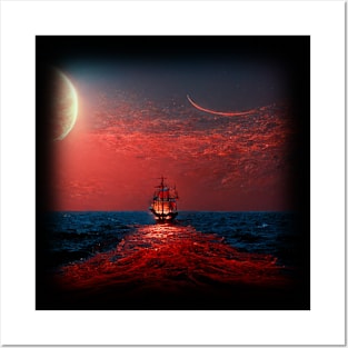 Sailing Ship In Red Glowing Ocean Posters and Art